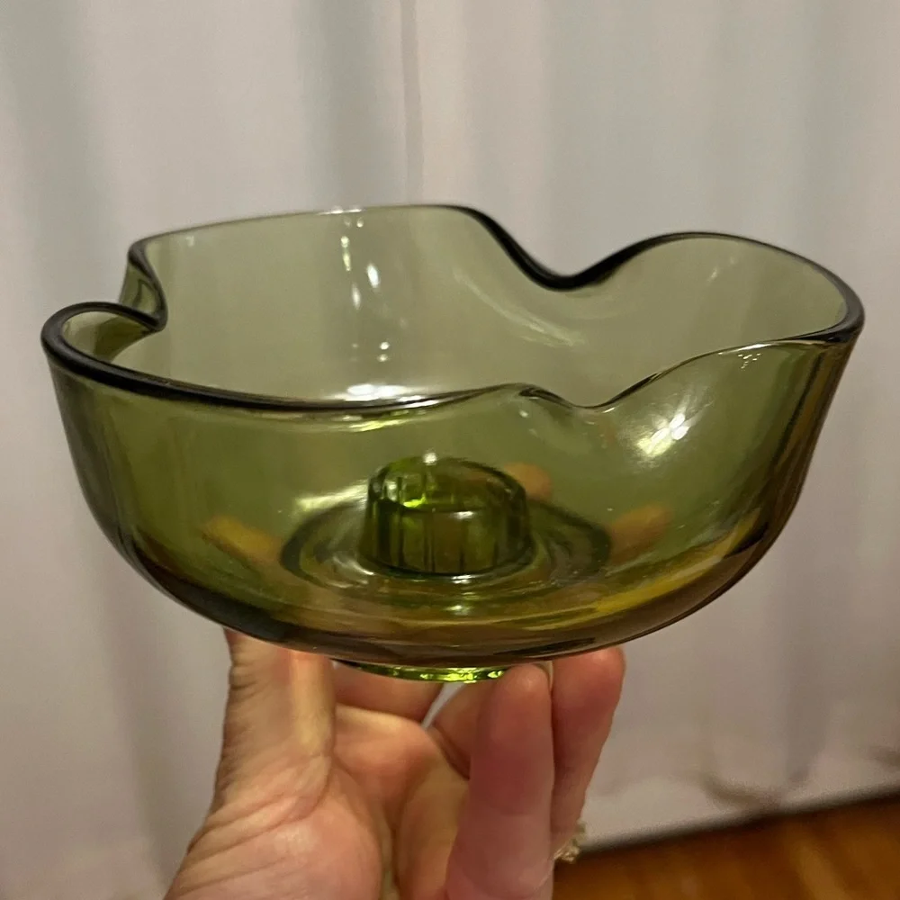 Vintage Anchor Hocking Avocado Candlestick Bowls Set of Two